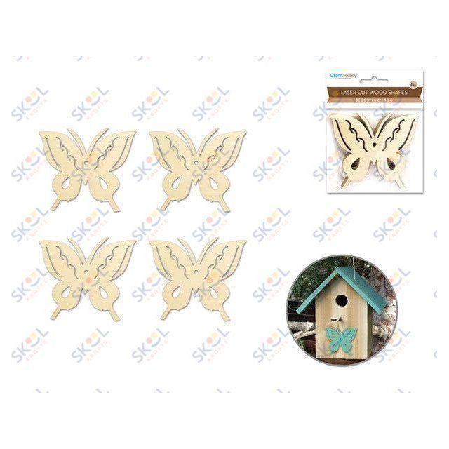 8cm Laser-Cut Ornate Wood Shapes x4-Butterfly