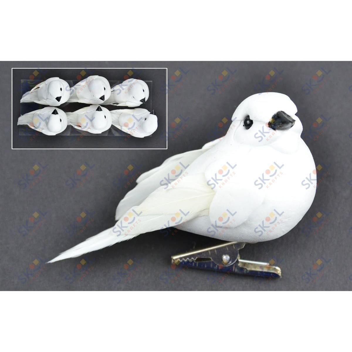 White Feather Bird On Clips 3" 6/pk