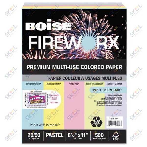 Boise FIREWORX Colored Paper, 20 lb, 8 1/2 x 11, Pastel Popper Mix, 500 Sheets/Ream
