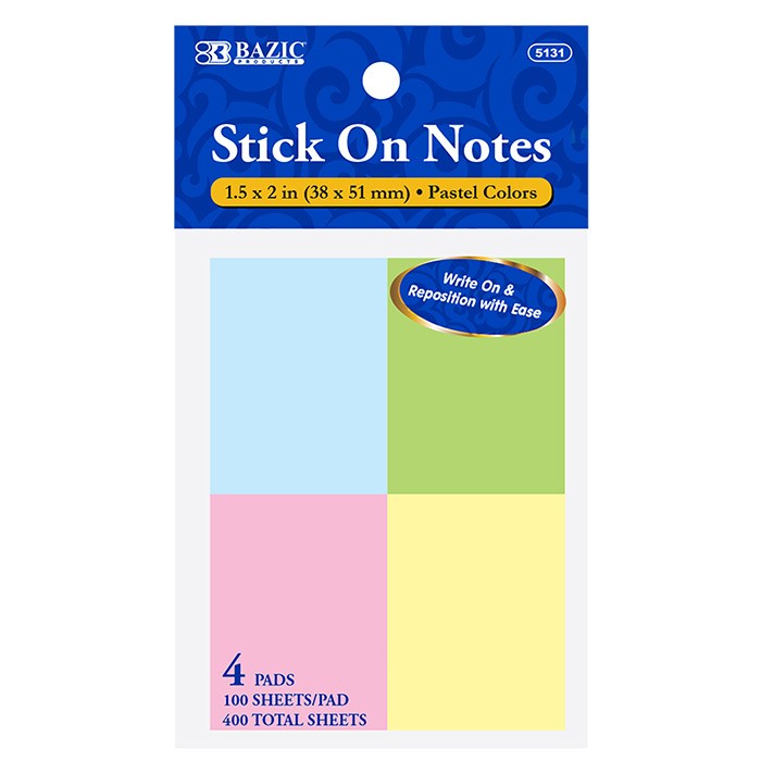 100 Ct. 1.5" X 2" Stick On Notes (4/Pack)