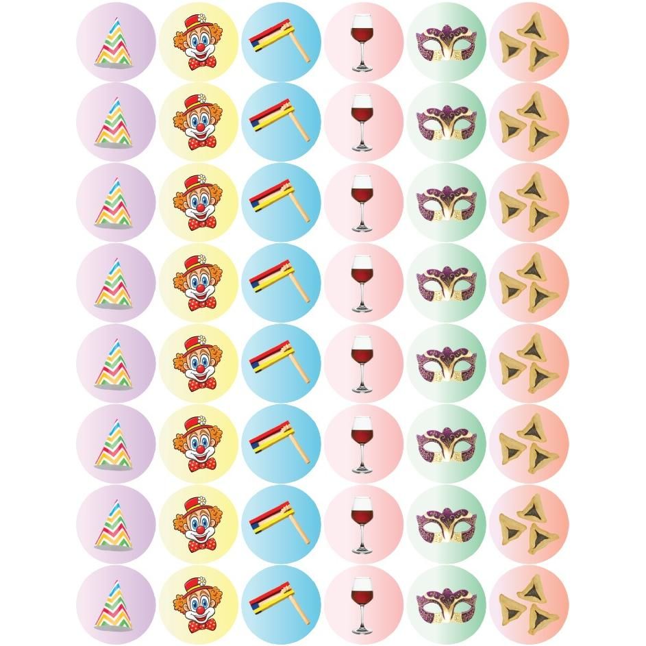 Purim Symbols Stickers 19mm Round Color Print 10/pk