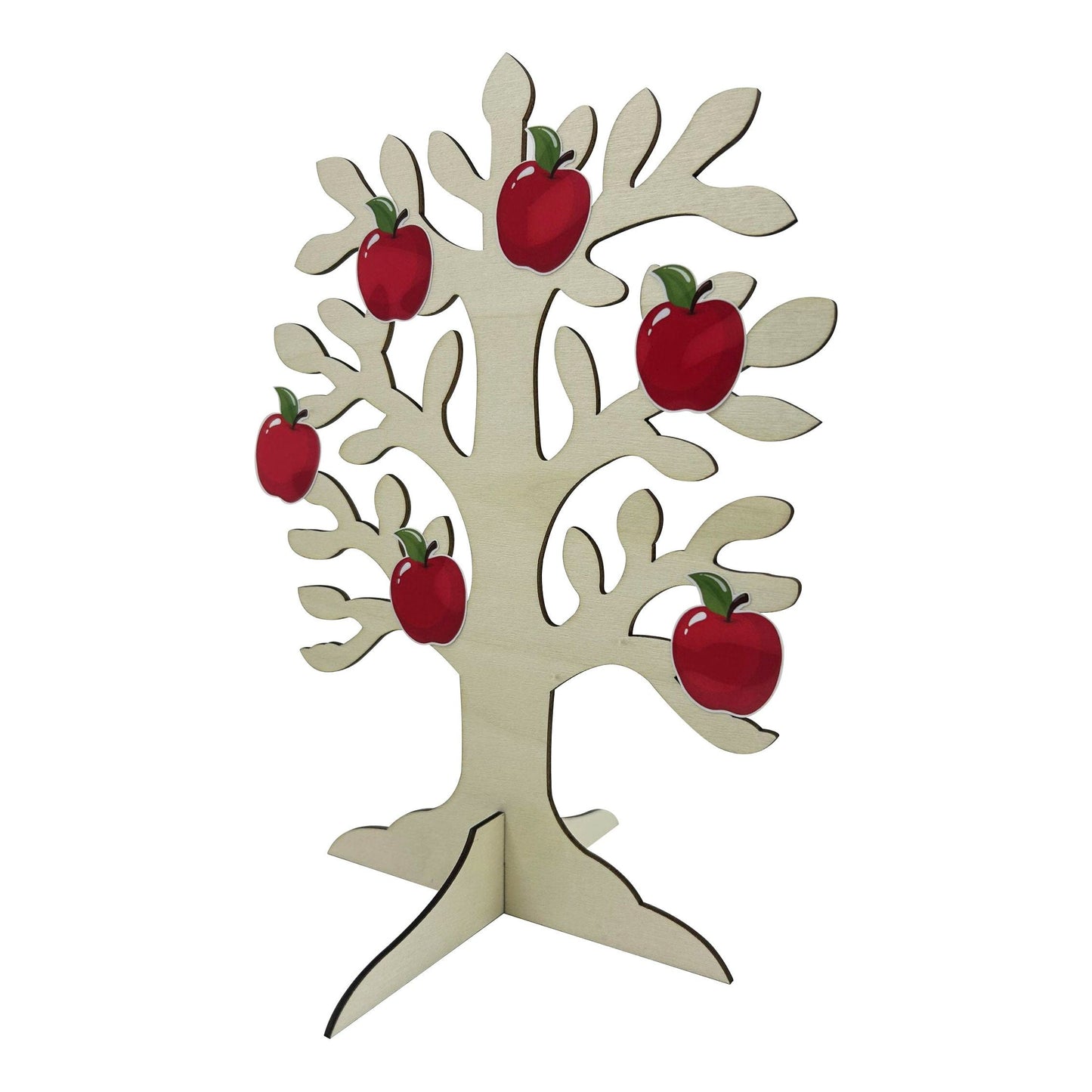 Natural Wooden Tree Stand Up With Apple Stickers 9" 1 set