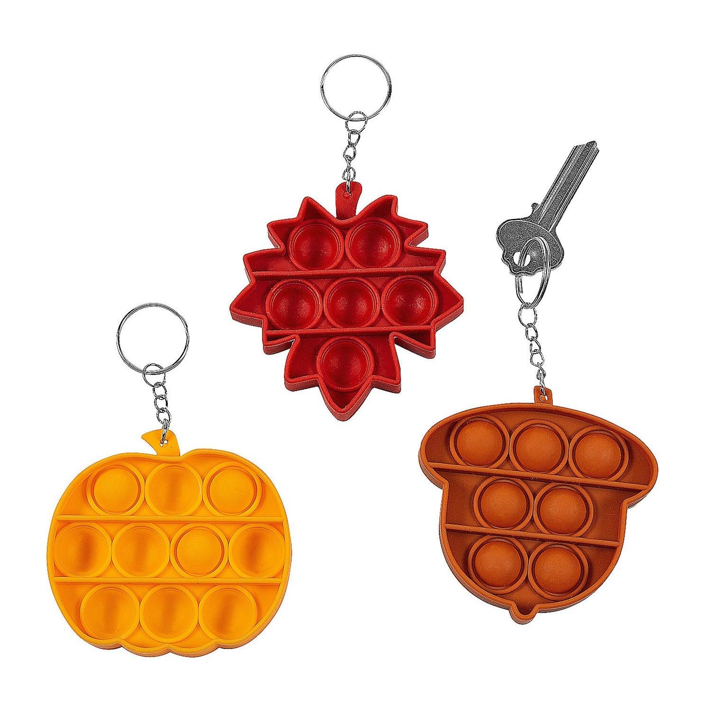 Fall Leaf, Acorn & Pumpkin Lotsa Pops Pop Fidget Toy Keychains 3" x 3" with 1" metal ring 6 pcs/pk