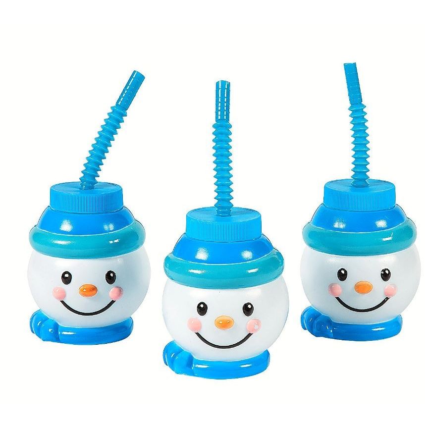 Snowman Shaped Plastic Cup With Lid And Straw 12/pk