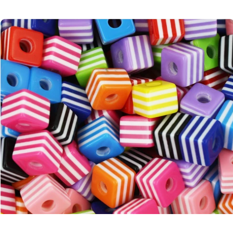 Mixed colors & white striped 10mm cube resin beads (100pcs) (closeout)