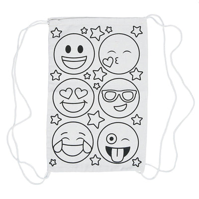 Color Your Own Medium Face Emoji Canvas Drawstring Bags, 9" x 15" - 12/pk