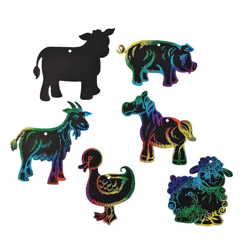 Paper Magic Color Scratch Farm Animal Ornaments, 3 1/2" - 5 1/2" x 4 1/2" - 5 1/2" , 24/pk