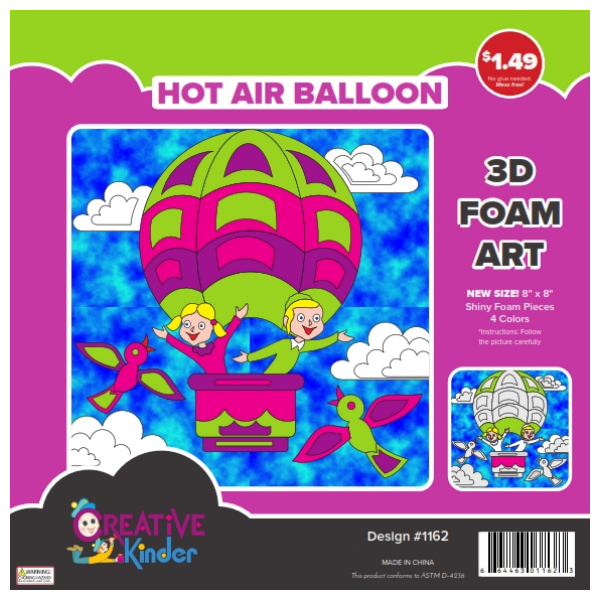 Hot Air Balloon 3D Foam Art Kit, 4 Colors, 8" x 8"