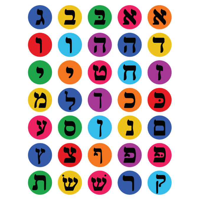 Alef Bais Dot Stickers 3/4" Colorful Background Black Letters 19mm Color Print 10/pk