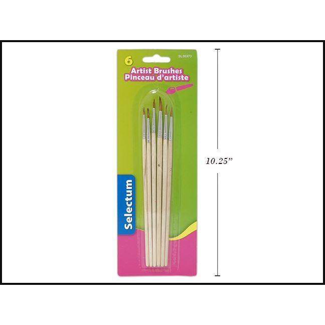 6 Art Brushes Round Point, Natural Wood Handle