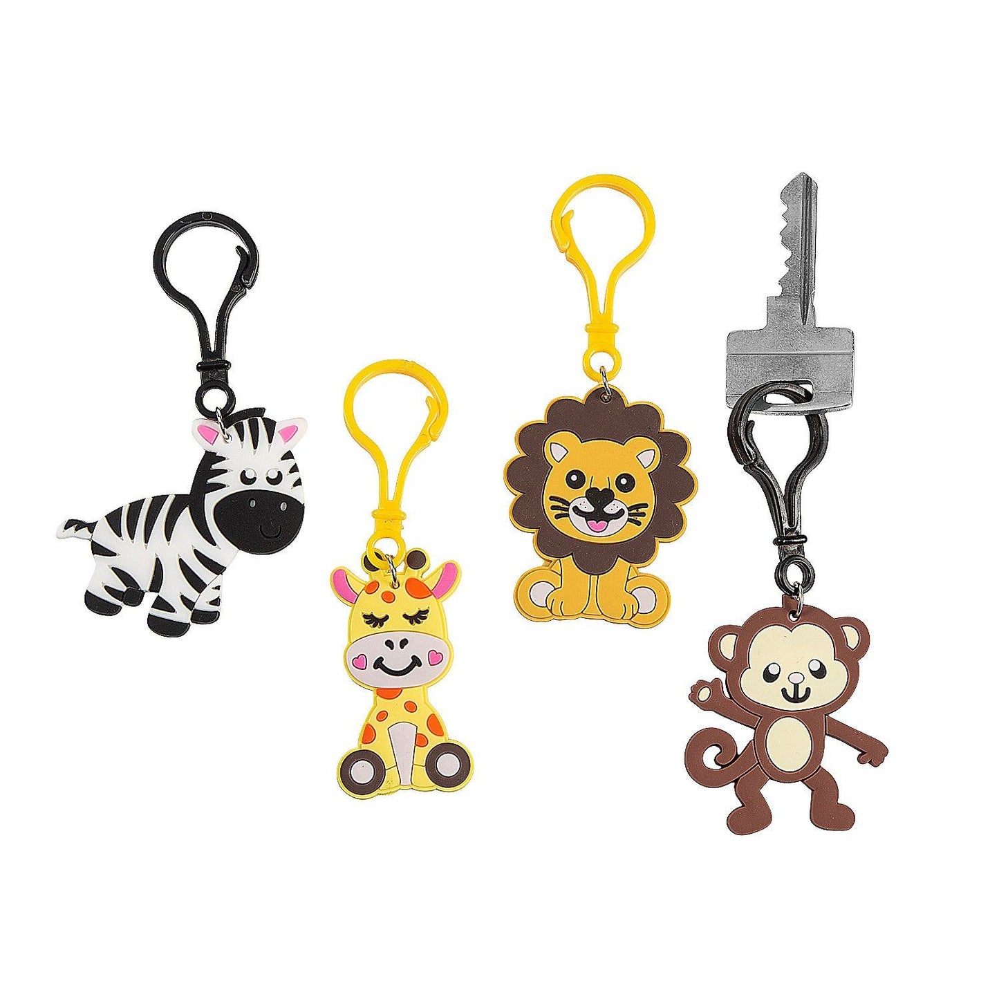 Zoo Animal Backpack Clip Keychains, Assorted, Rubber, 2" x 2" with a 2 1/4" , 12/pk