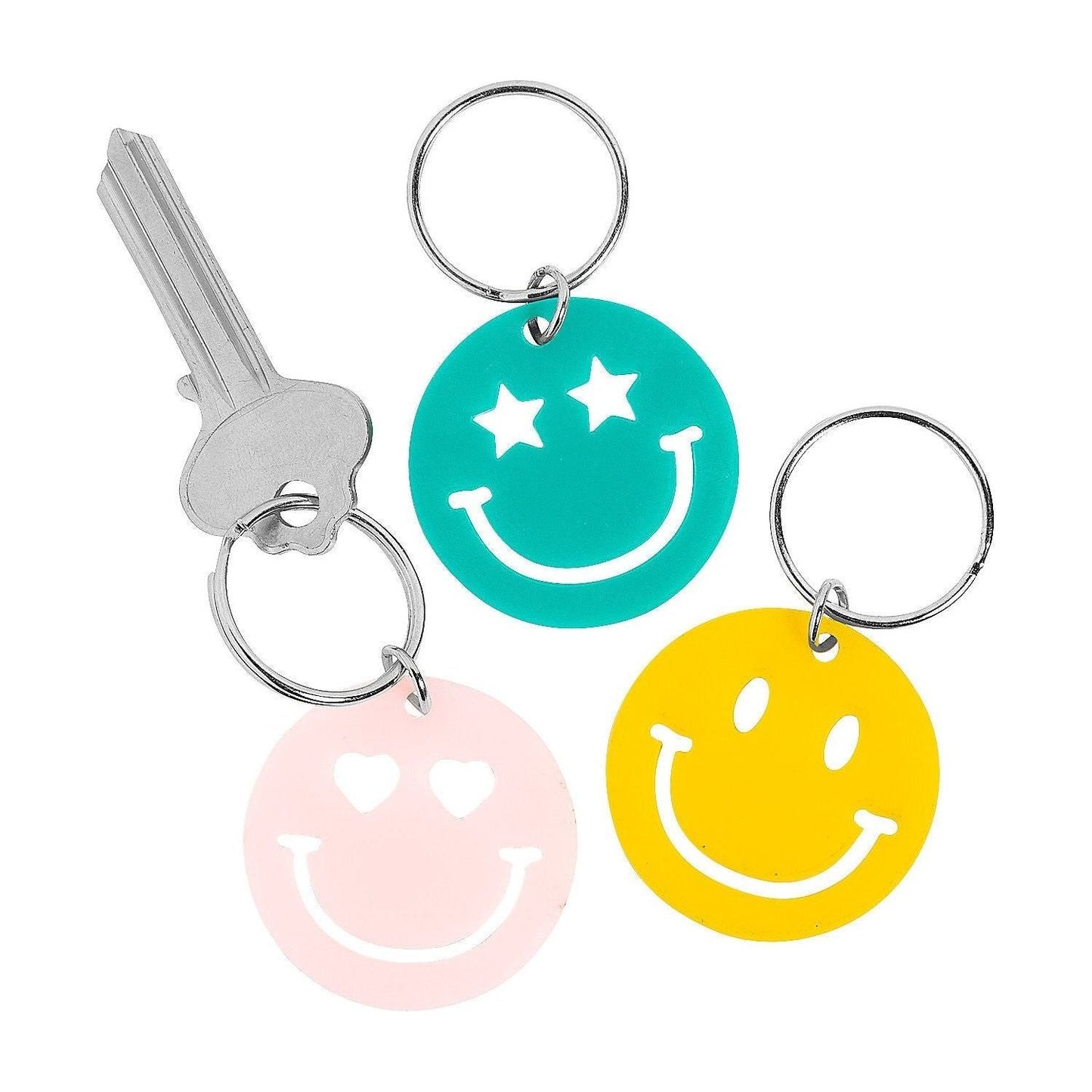 Smile Face Acrylic Keychains, Assorted, 1 1/2" on a 1" metal ring, 12/pk
