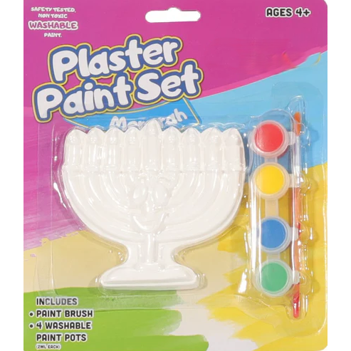 Plaster Paint Set Menorah with Paintbrush and 4 Washable Paint Pots