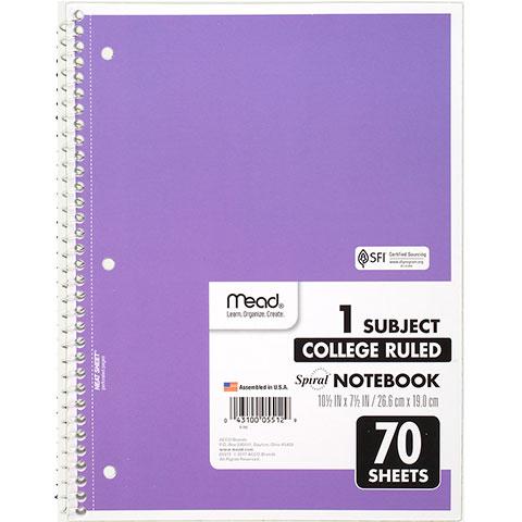 Mead Notebook Spiral 1 Subject College Ruled