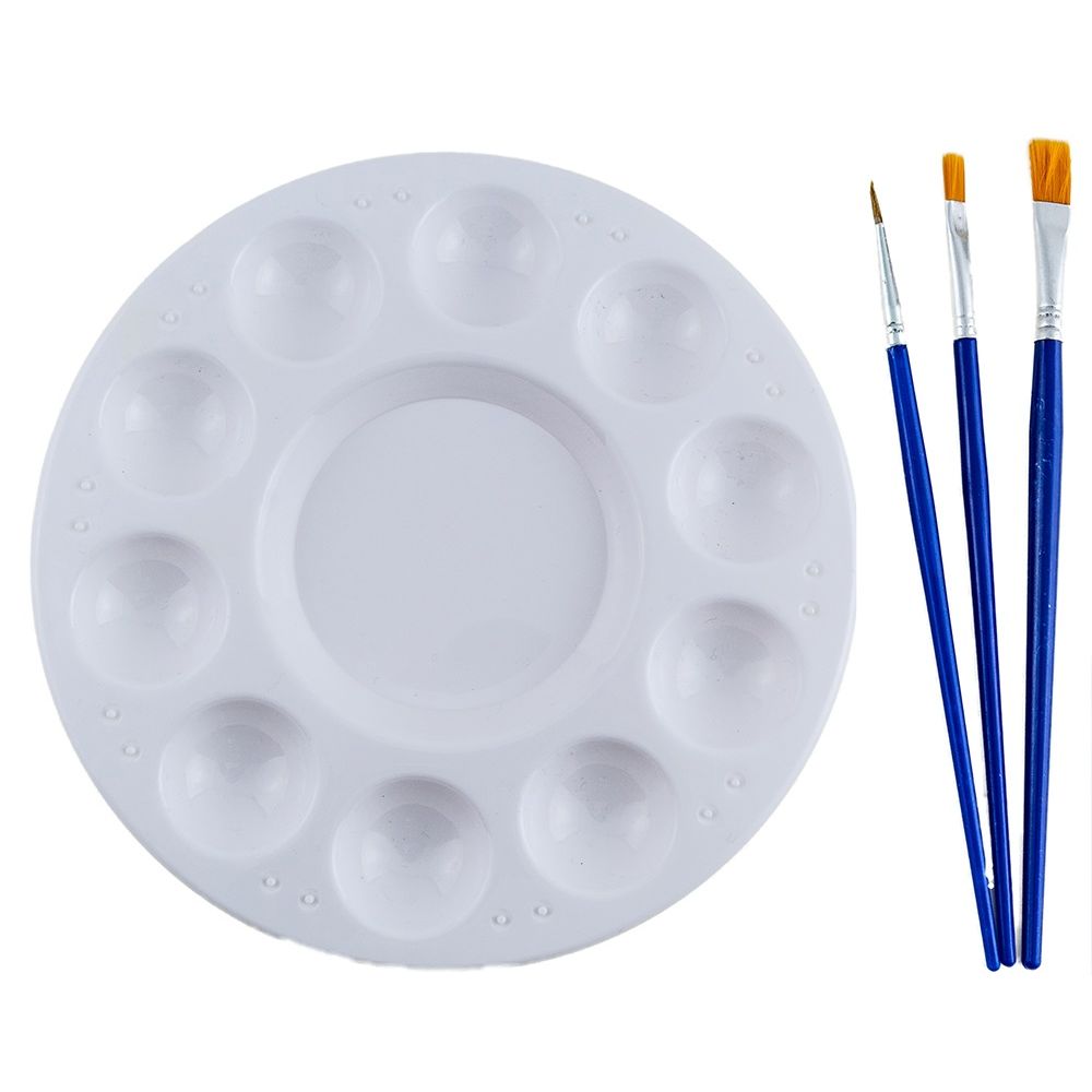 Paint Palette 6.5" Plastic Round 10 Well w/ 3 Paint Brushes