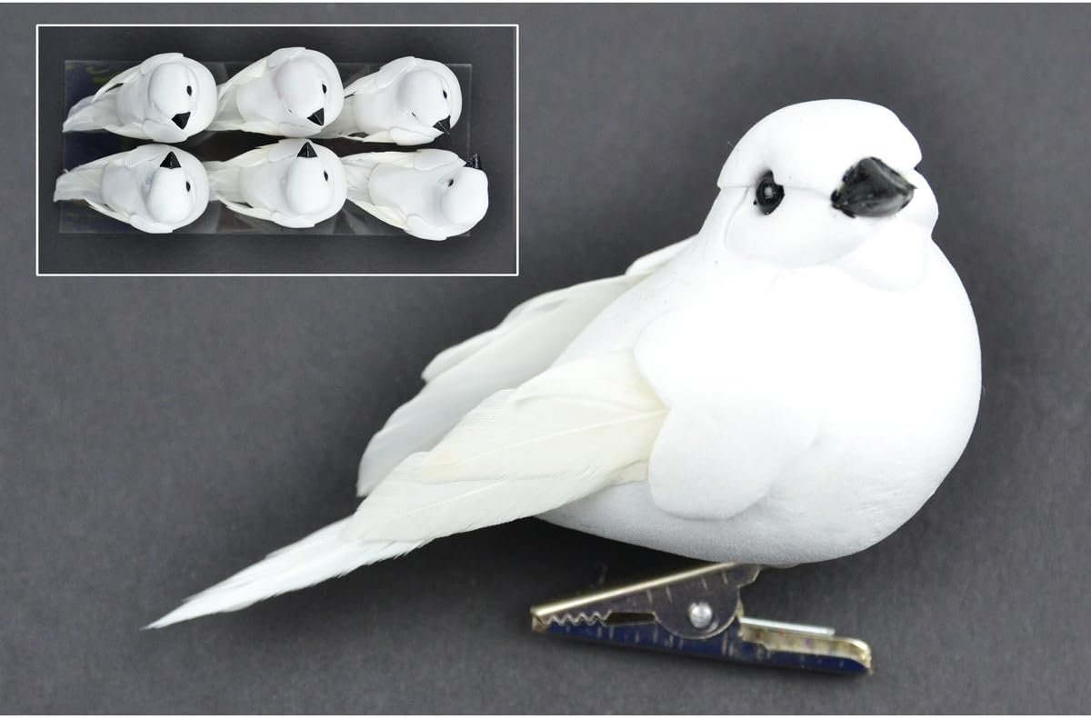 White Feather Bird On Clips 3" 6/pk (closeout)
