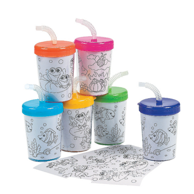 Color Your Own Cups with Lids & Straws 12/pk