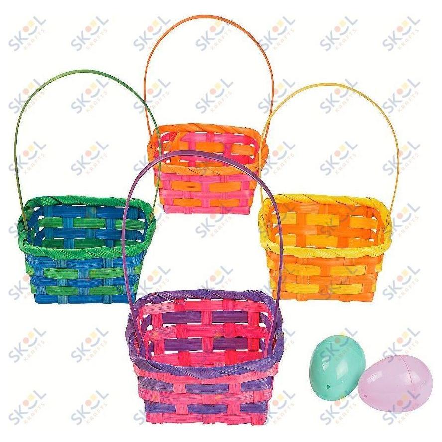 Square Multicolor Bamboo Baskets (6" Handle 3.5" x 3.5" x 3") 12/pk