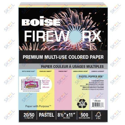 Boise FIREWORX Colored Paper, 20 lb, 8 1/2 x 11, Pastel Popper Mix, 500 Sheets/Ream