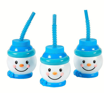 Snowman Shaped Plastic Cup With Lid And Straw 12/pk