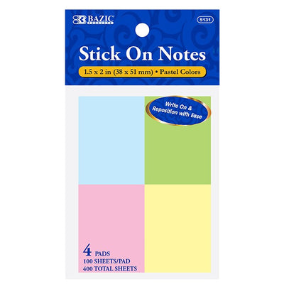 100 Ct. 1.5" X 2" Stick On Notes (4/Pack)