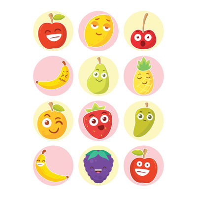 Stickers Smiley Fruit 3/4" Round 19mm Color Print 10/pk