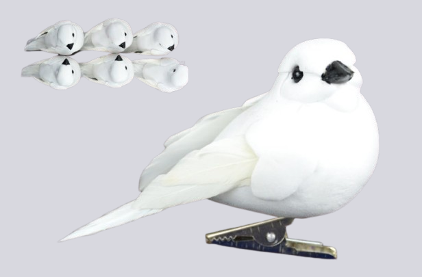 White Feather Bird On Clips 3" 6/pk (closeout)