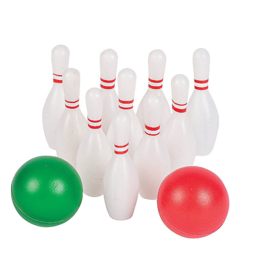 Plastic Mini Bowling Set With Ten 2 1/4" pins With 2 Balls
