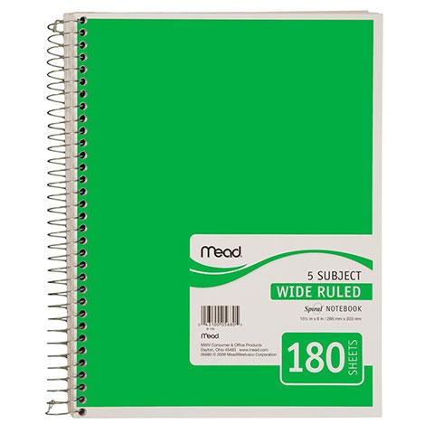 Mead Notebook Spiral 5 Subject Wide Ruled