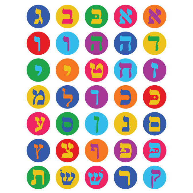 Alef Bais Dot Stickers 3/4" Colorful Background Colorful Letters 19mm Color Print 10/pk