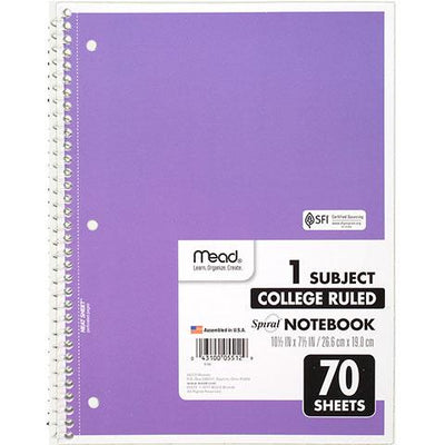 Mead Notebook Spiral 1 Subject College Ruled