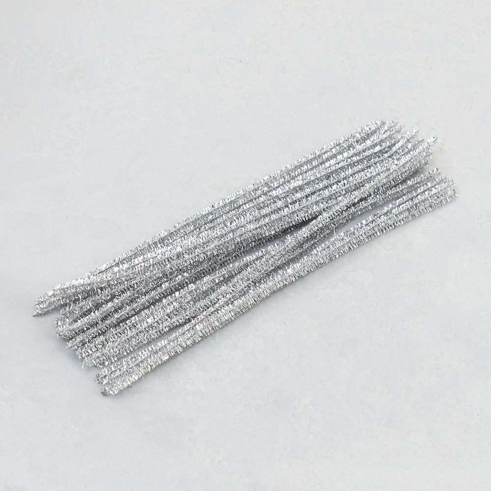 Chenille Tinsel Stems Silver 12" 25/pk