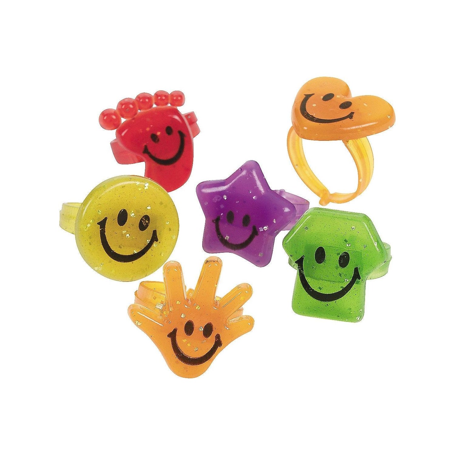 Bulk Glitter Smile Face Plastic Rings, Assorted , 1" 48/pk