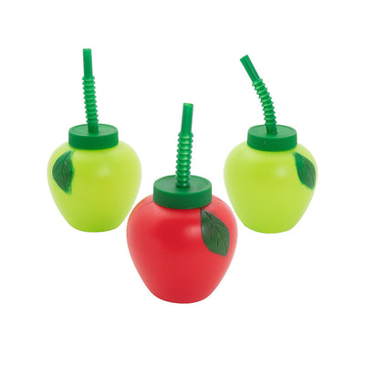 Apple-Shaped Green & Red BPA-Free Plastic Cups with Lids & Straws  3 3/4" 14 oz. 12/pk