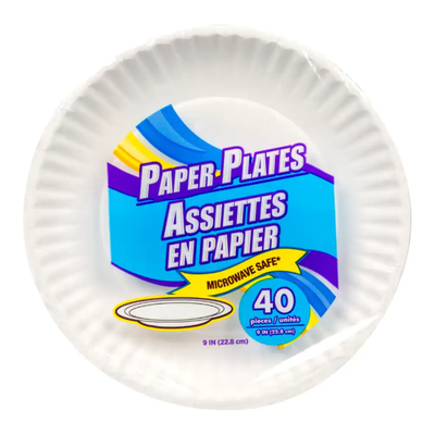 White Paper Plates, 9" 100/pk.