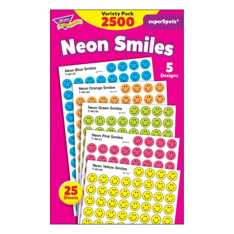 Neon Smiles Stickers Variety Pack 7/16" 2500/pk (25 Sheets)