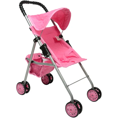 My First Doll Stroller With hood And Basket (Pink Hearts, Pink Quilted)