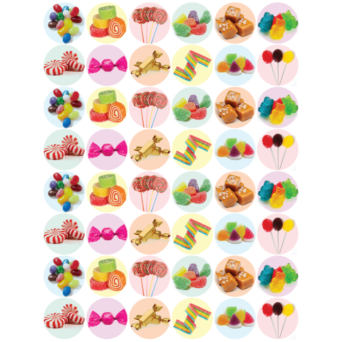 Stickers Candy Assortment 3/4" Round 19mm Color Print 10/pk