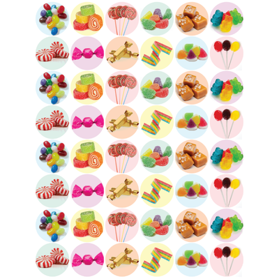 Stickers Candy Assortment 3/4" Round 19mm Color Print 10/pk
