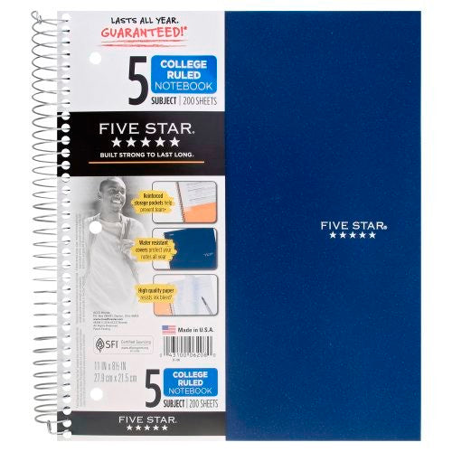 Five Star College Ruled Spiral 5 Subject