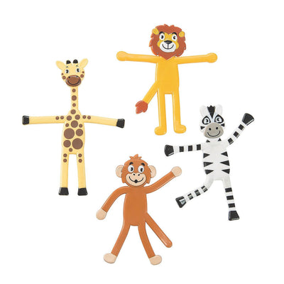 4 3/4" - 5 3/4" Zoo Animal Lion, Giraffe, Zebra & Monkey Vinyl Bendables, Assorted, 24 Pc.