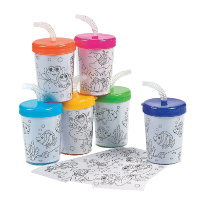 Color Your Own Cups with Lids & Straws 12/pk