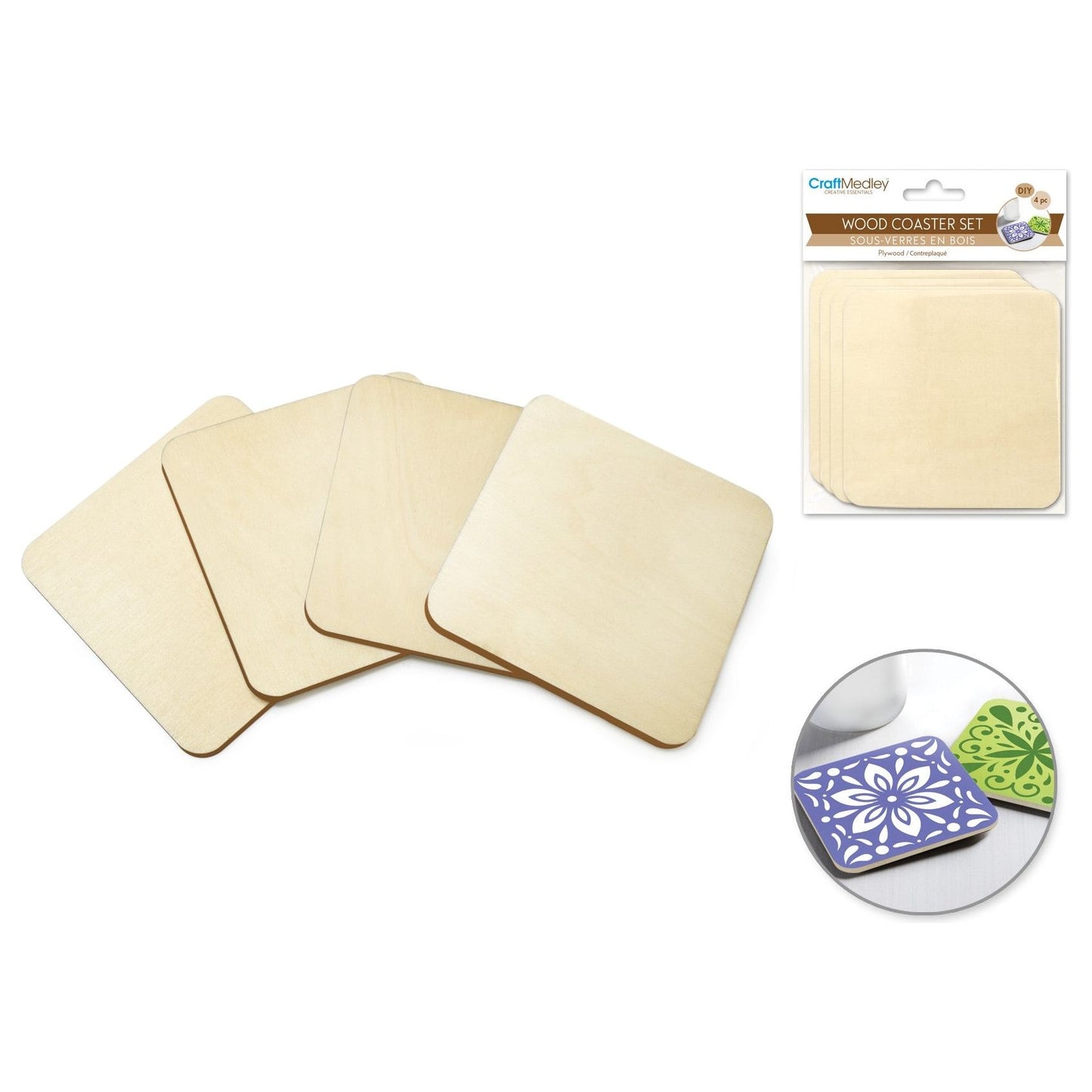 Plywood Coasters Square 3.5" 4/pk