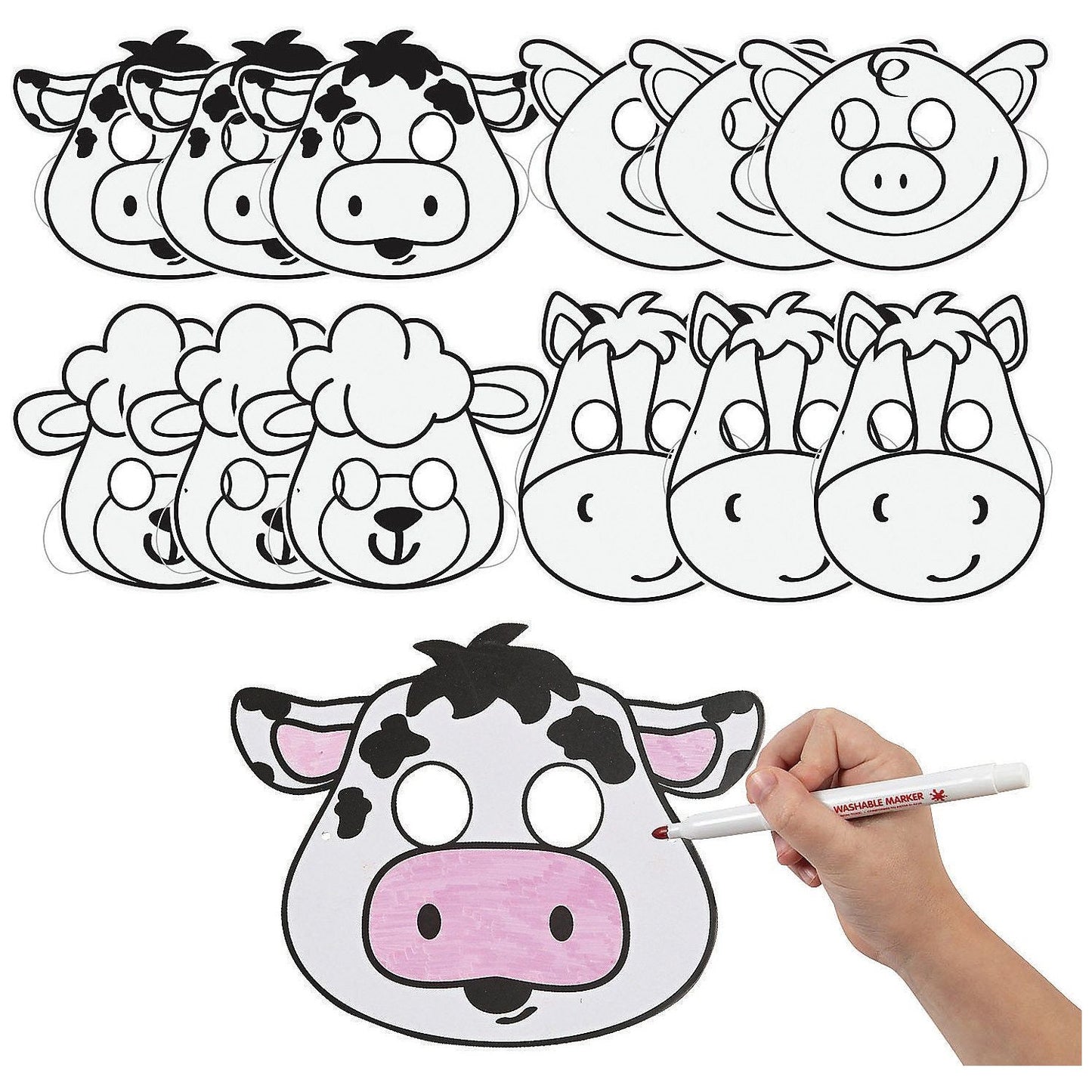 Color Your Own Farm Animal Masks, Assorted, 7 1/2" - 10" x 7 1/2" - 10", 12/pk