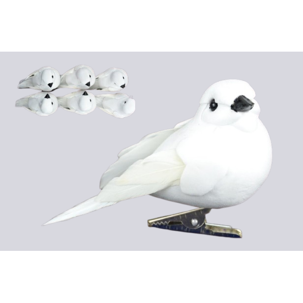 White Feather Bird On Clips 3" 6/pk