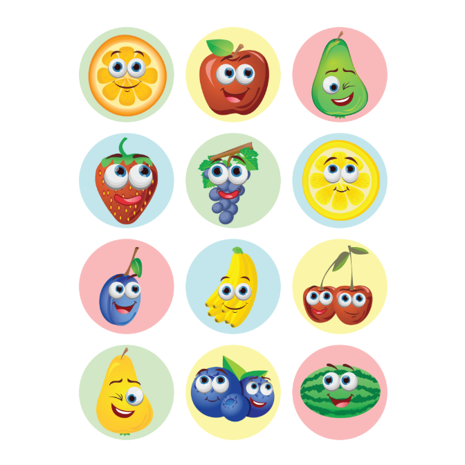 Stickers Fruit Smiley Face 1 1/4" 32mm Color Print 10/pk