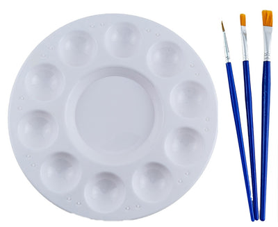 Paint Palette 6.5" Plastic Round 10 Well w/ 3 Paint Brushes