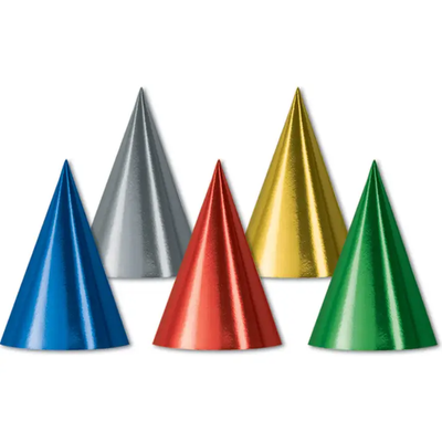 Metallic Cone Hats 6.5" 8/pk With Elastic