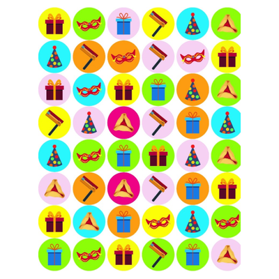 Purim Assorted Symbol Stickers 6 sheets 1/2"