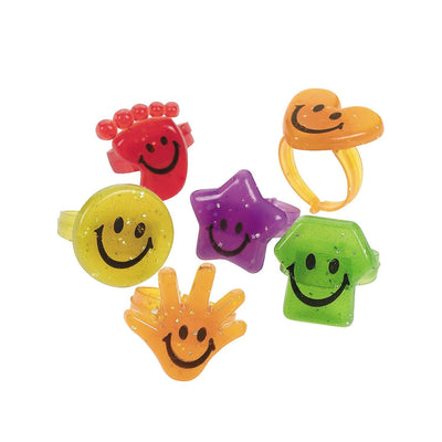 Bulk Glitter Smile Face Plastic Rings, Assorted , 1" 48/pk